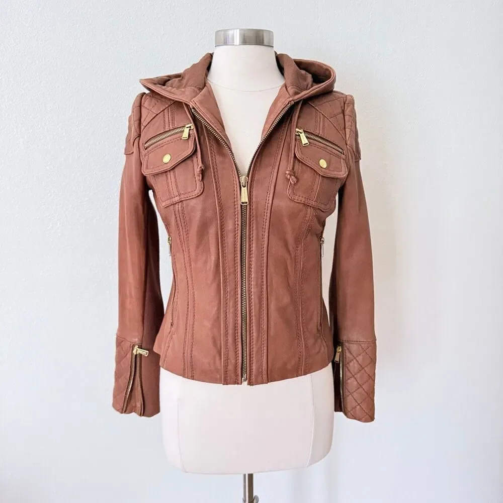 Michael Michael Kors Women's Size Small Quilted Moto Jacket Brown Soft Leather
